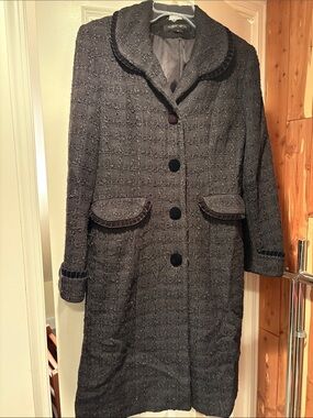 Albert Nipon Black Boucle Velvet Trim & Buttons Opera Long Coat size S